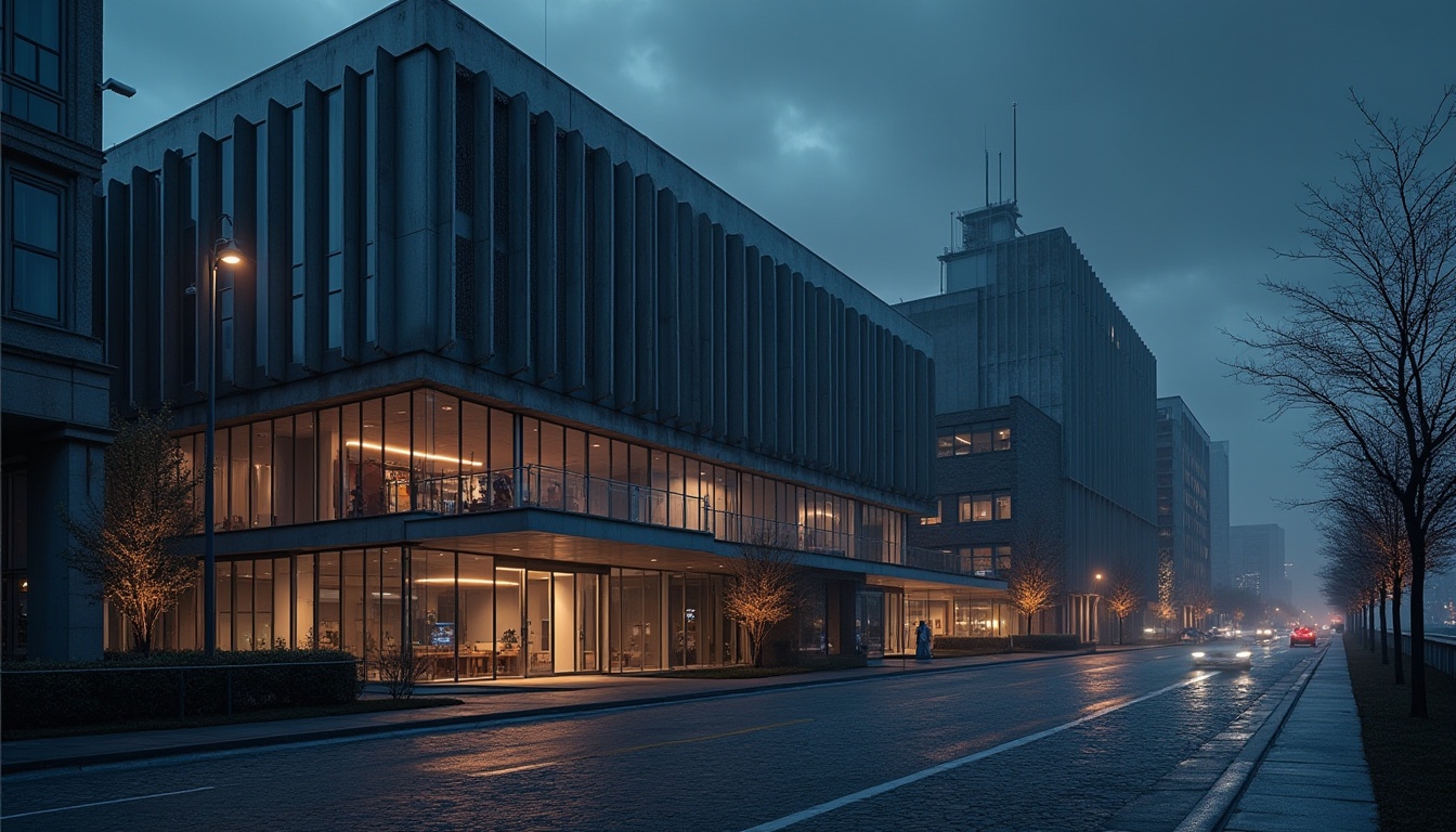 Prompt: Modern innovative facade, factory international style, industrial chic, urban landscape, brutalist architecture, geometric shapes, metal mesh, concrete walls, glass windows, sleek lines, minimalist aesthetic, nighttime scene, city lights reflection, blurred motion, dramatic shadows, cinematic composition, low-angle shot, wide-angle lens.