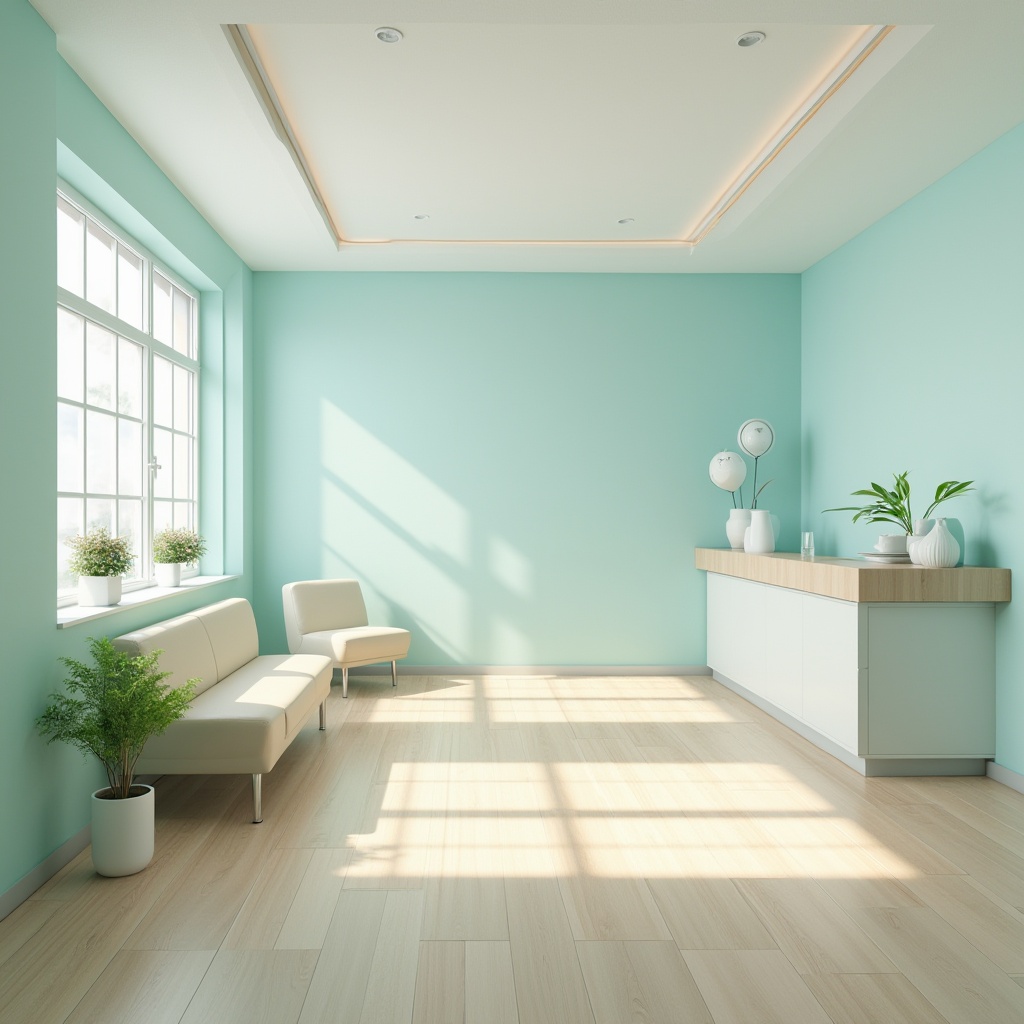 Prompt: Medical clinic, modern interior design, clean and minimalistic atmosphere, pastel color palette, light blue walls, creamy white furniture, pale green accents, wooden floors, softbox lighting, 3/4 composition, shallow depth of field, warm and calming ambiance.