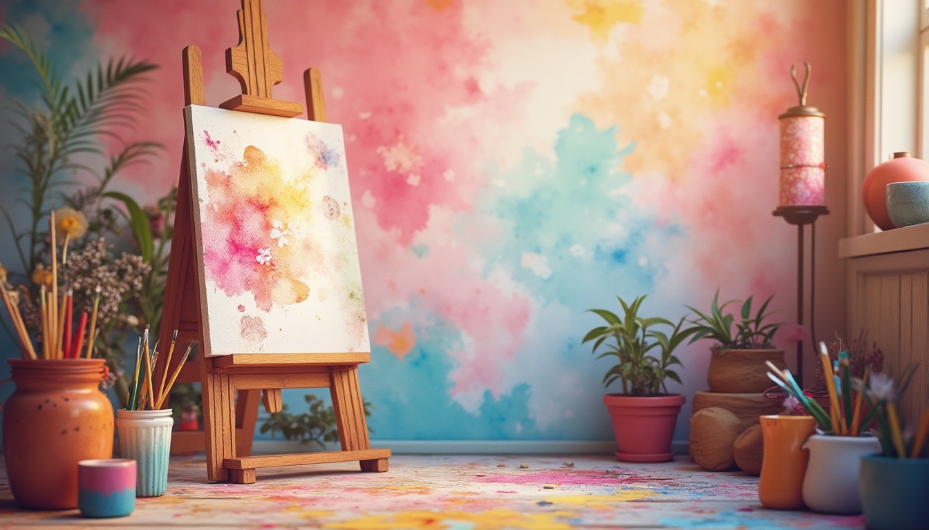 Prompt: Vibrant artistic scene, pastel colors, gradient background, watercolor textures, abstract shapes, swirling patterns, bold brushstrokes, modern art studio, easel, paint tubes, artistic tools, warm lighting, cozy atmosphere, 3/4 composition, soft focus, blurred edges, bohemian chic, eclectic decor.