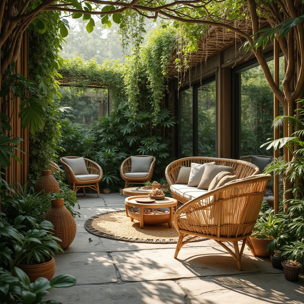 Prompt: Natural materials, sustainable design, eco-friendly, wooden furniture, bamboo accents, wicker chairs, rattan decorations, recycled metal, living green walls, lush plants, botanical garden, serene atmosphere, natural lighting, earthy tones, organic textures, woven baskets, jute rugs, stone pathways, water features, gentle streams, peaceful ambiance.