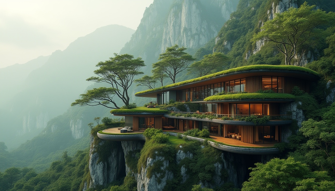 Prompt: Modern villa, curved lines, green roof, blending with hillside, trees growing on rooftop, cantilevered decks, floor-to-ceiling windows, natural stone walls, wooden accents, lush greenery surroundings, misty atmosphere, warm soft lighting, 3/4 composition, shallow depth of field, cinematic mood, serene ambiance.