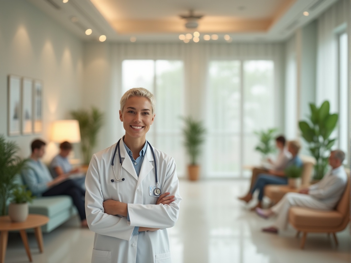 Prompt: medical clinic, modern interior, pastel color scheme, calming atmosphere, soft lighting, gentle shadows, doctor in white coat, stethoscope around neck, friendly smile, minimal makeup, short hair, professional attire, patients waiting on sofas, plants on tables, wooden furniture, natural textures, serene background, 3/4 composition, warm and inviting ambiance.