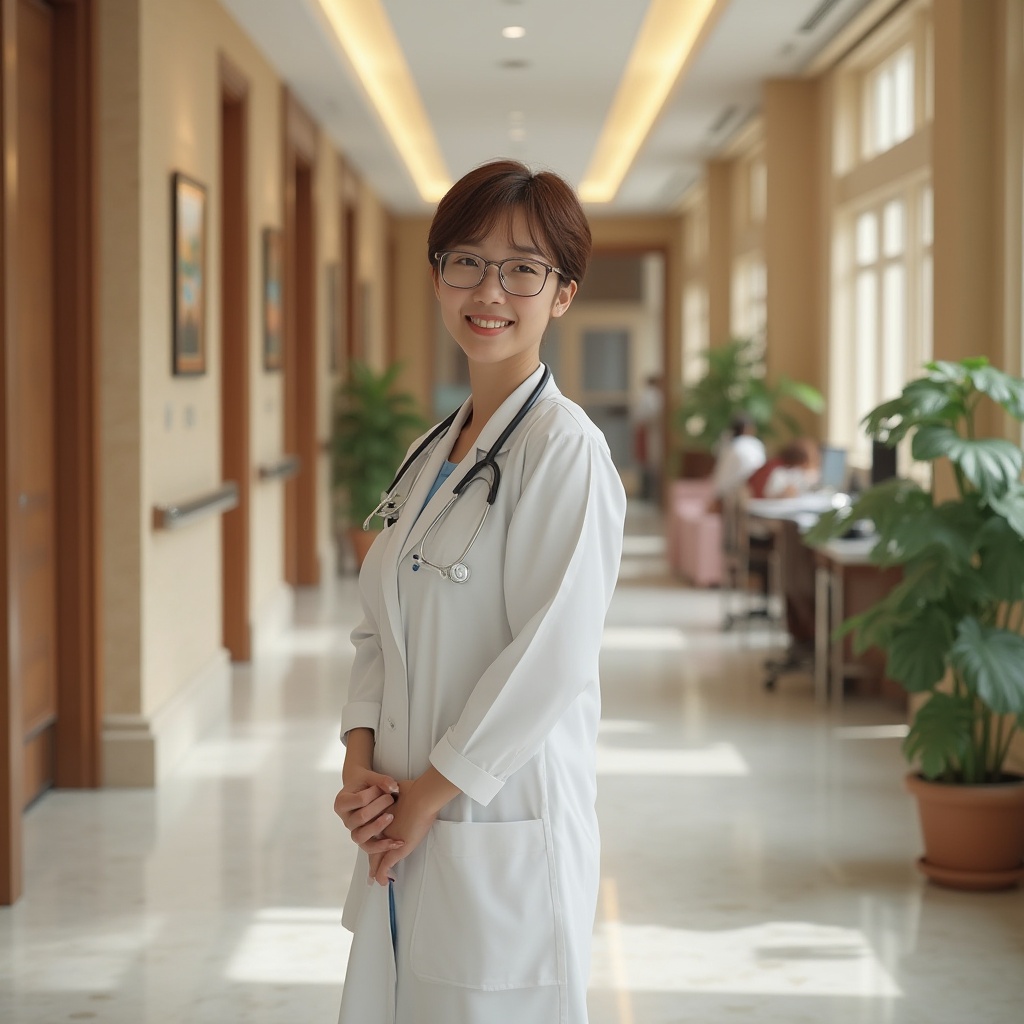 Prompt: ornate hospital corridor, modern architecture, warm beige walls, polished marble floors, elegant wooden doors, stainless steel handrails, softbox lighting, comfortable seating area, potted green plants, nurses' station with computers, medical equipment, doctor in white coat, stethoscope around neck, friendly smile, gentle hands, subtle makeup, short brown hair, glasses, warm facial expression, standing, leaning against wall, natural daylight, 3/4 composition, soft focus, realistic rendering.