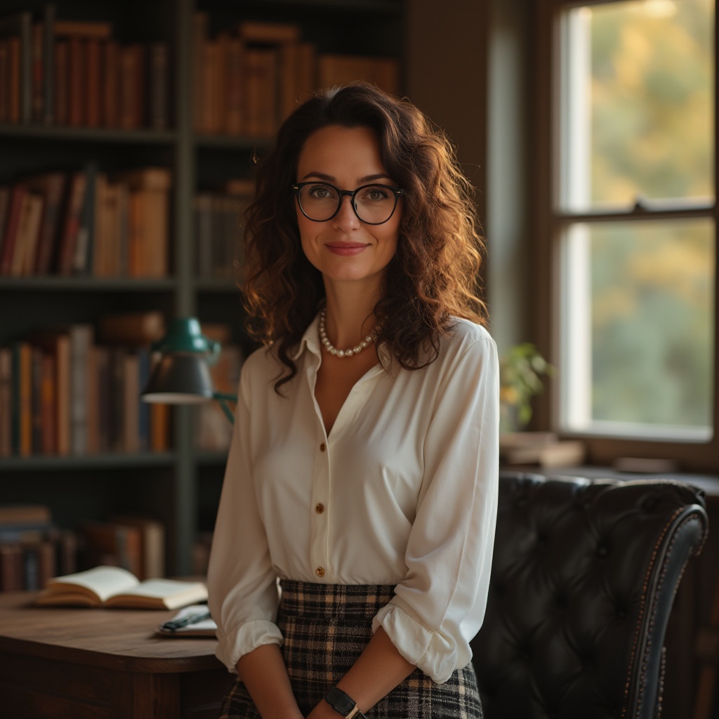 Prompt: Barn academic style, mature lady, professor, 40yo, curly brown hair, glasses, elegant makeup, pearl necklace, white blouse, plaid skirt, black heels, bookshelf background, wooden desk, green lamp, leather chair, warm lighting, cozy atmosphere, autumn, trees outside window, gentle sunlight filtering through, subtle shadows, soft focus, cinematic composition, 3/4 view, natural colors.