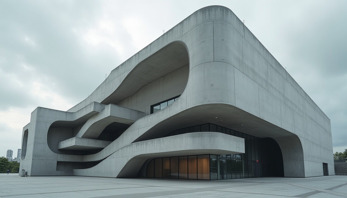 Prompt: Modern architectural building, fiber-cement material, curved lines, smooth texture, industrial chic style, urban cityscape, cloudy day, natural light, dramatic shadows, low-angle shot, 3/4 composition, brutalist structure, geometric shapes, raw concrete, minimalist decor.