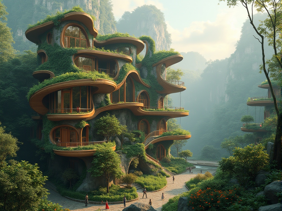 Prompt: Organic architecture, futuristic building, curves lines, irregular shapes, biomimicry elements, green walls, living roofs, natural materials, wood accents, stone textures, earthy tones, vibrant colors, playful lighting, whimsical atmosphere, fantasy scenery, surreal landscape, misty fog, dramatic skies, cinematic composition, low-angle shot, symmetrical framing.