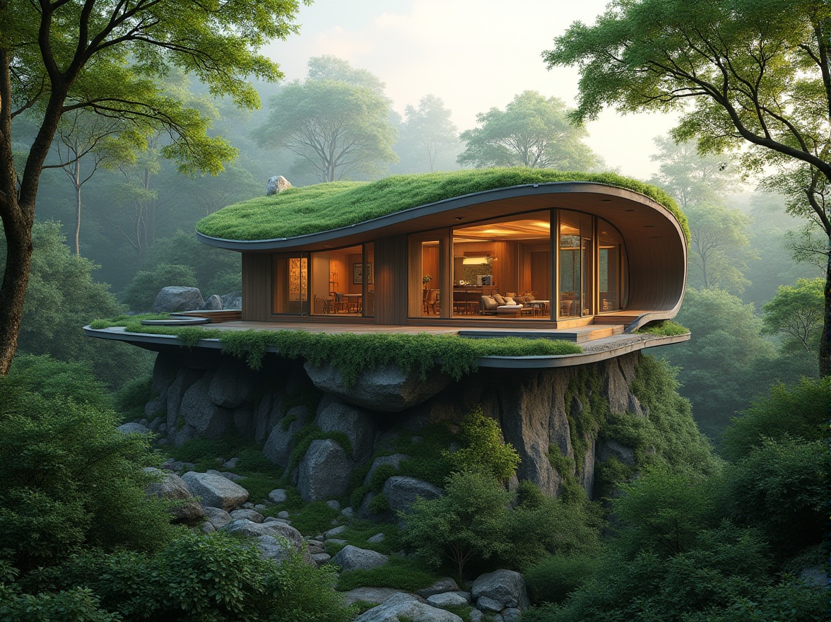 Prompt: Landscape integration, blending architecture with nature, modern villa, green roof, large windows, wooden decking, natural stone walls, curved lines, organic shape, surrounded by lush forest, tall trees, overhanging branches, vibrant green leaves, misty atmosphere, soft warm light, 3/4 composition, panoramic view, depth of field, cinematic lighting, serene ambiance.