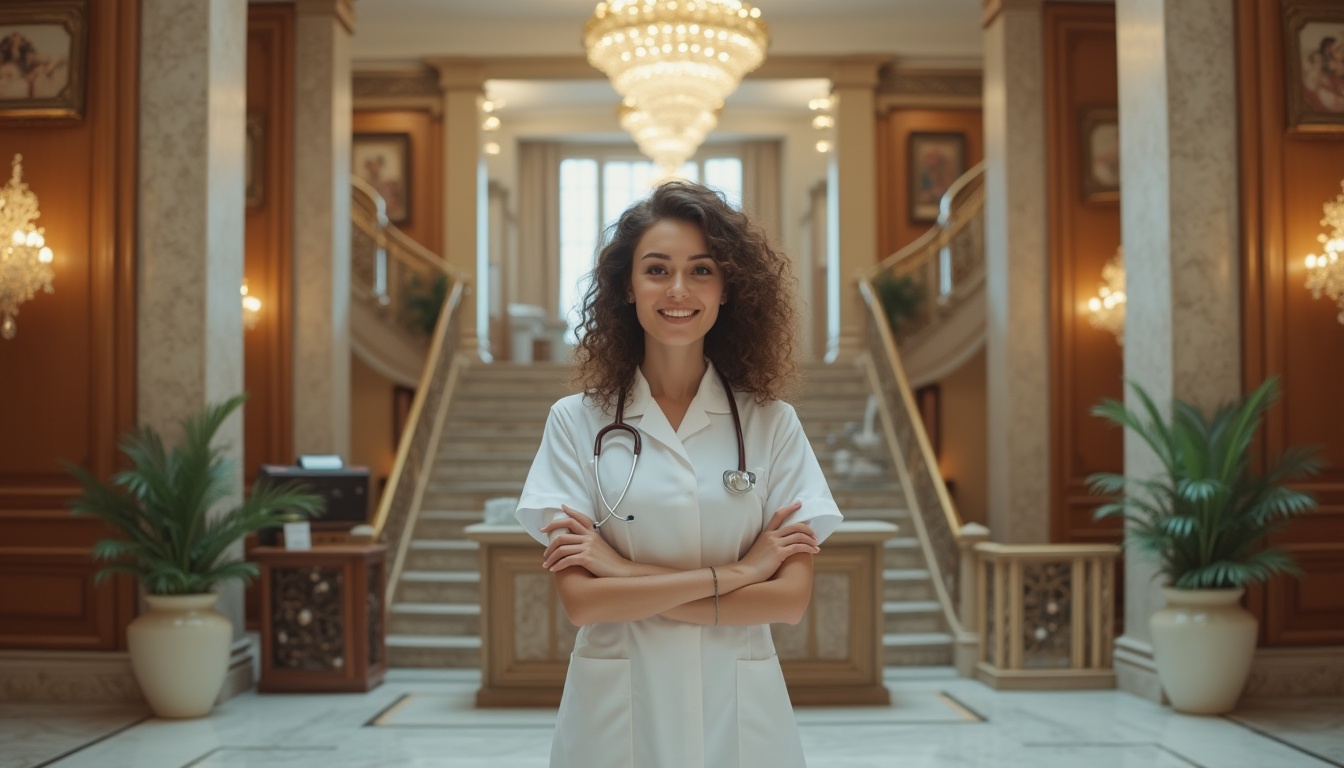 Prompt: Hospital interior, ornate details, luxurious furniture, polished marble floor, grand staircase, crystal chandelier, elegant nurse, 25yo, curly brown hair, bright smile, white uniform, stethoscope around neck, gentle hands, standing near ornate wooden reception desk, warm lighting, soft shadows, subtle gradient background, cinematic composition, 3/4 view, shallow depth of field.