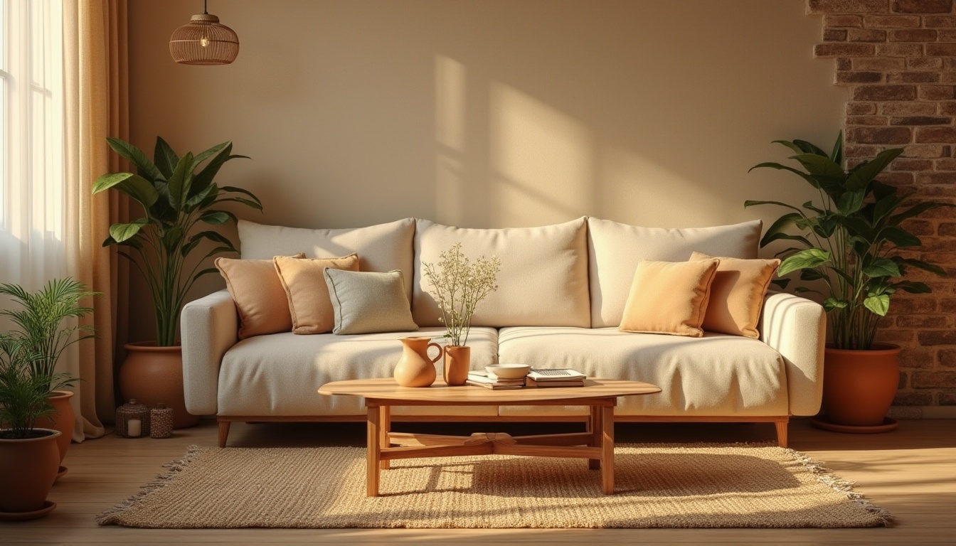 Prompt: Warm wheat tone color palette, cozy atmosphere, soft golden light, comfortable living room, plush beige sofa, warm wooden coffee table, woven jute rug, vintage distressed brick wall, lush greenery plants, rustic ceramic vase, earthy terracotta pots, natural linen curtains, soft focus, shallow depth of field, inviting composition, warm afternoon sunlight, relaxing ambiance.