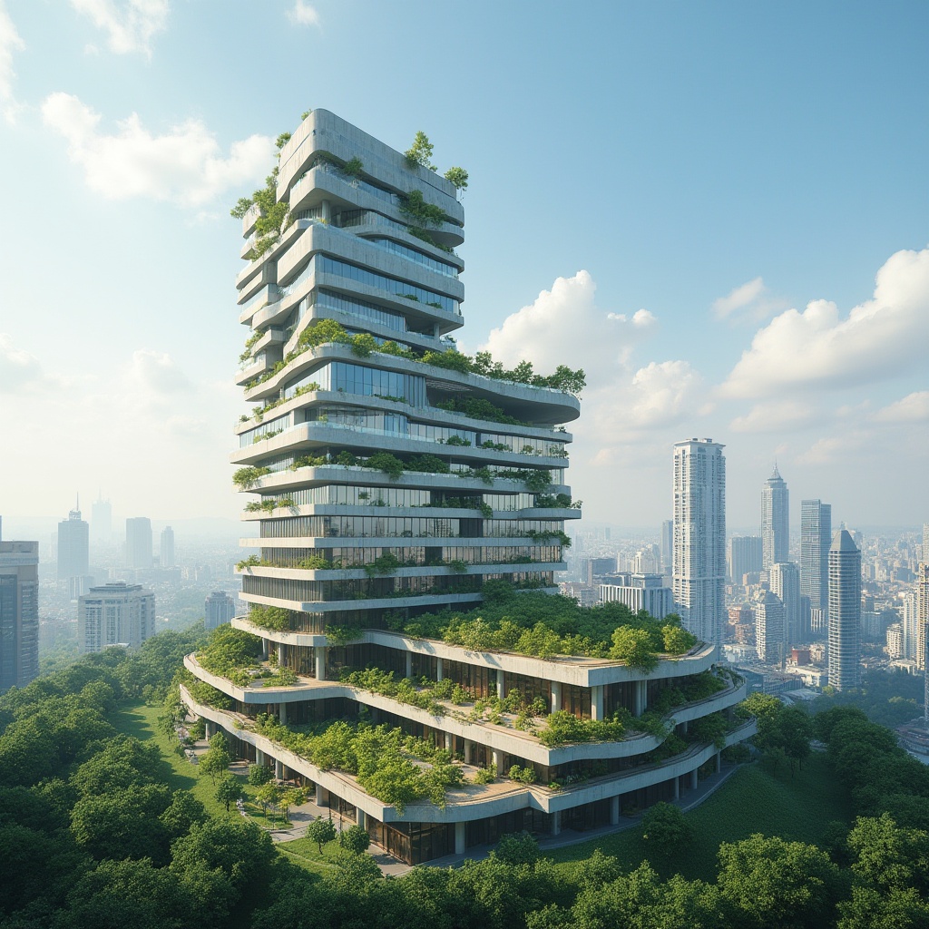 Prompt: Eco-friendly building, modern architecture, green construction, sustainable materials, solar panels, recycled glass facade, bamboo wood flooring, low-carbon concrete walls, energy-efficient windows, green roof with lush vegetation, urban skyscraper, cityscape, blue sky, white clouds, natural light, panoramic view, 3/4 composition, soft focus, warm ambient lighting.