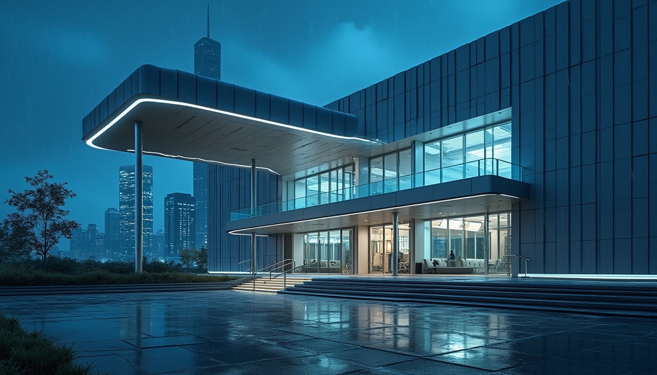 Prompt: Modern hospital, futuristic facade, sleek lines, curved edges, metallic materials, reflective glass, LED lighting strips, night scene, urban cityscape, skyscrapers in background, rainy atmosphere, misty fog, atmospheric lighting, cinematic composition, 3/4 view, low-angle shot, dramatic shadows, vibrant colors, minimalist decor, abstract patterns, geometric shapes, stainless steel handrails, automatic sliding doors, wheelchair accessible ramps.