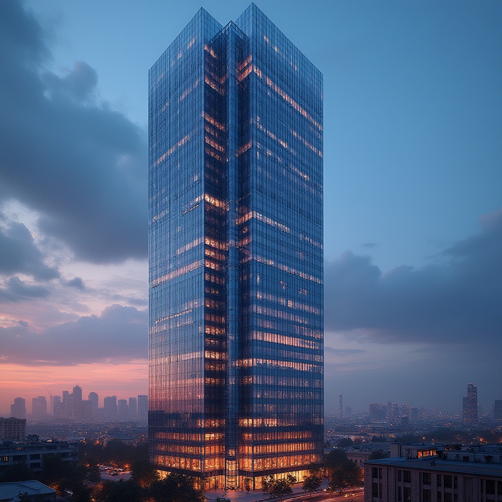 Prompt: Modern skyscraper tower, urban cityscape, sleek glass exterior, metallic accents, vibrant color palette, neon lights, sunset glow, warm ambient lighting, detailed reflections on windows, 3/4 composition, low-angle shot, dramatic clouds, blue hour atmosphere.