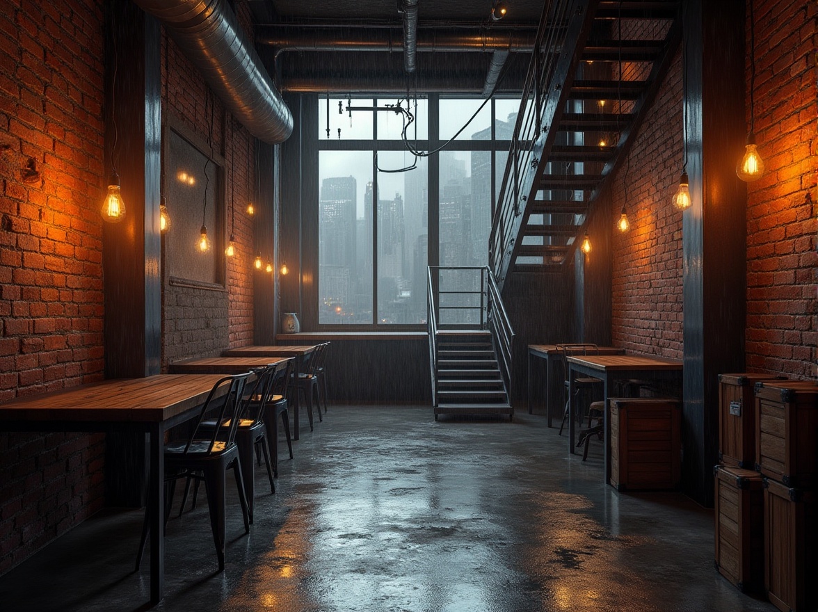 Prompt: Industrial chic interior, exposed brick walls, metal beams, concrete floors, reclaimed wood accents, Edison bulbs, industrial-style lamps, metal staircase, minimal decor, functional furniture, steel chairs, wooden crates, urban atmosphere, cityscape view, rainy day, moody lighting, high contrast, dramatic shadows, cinematic composition, 3/4 shot.