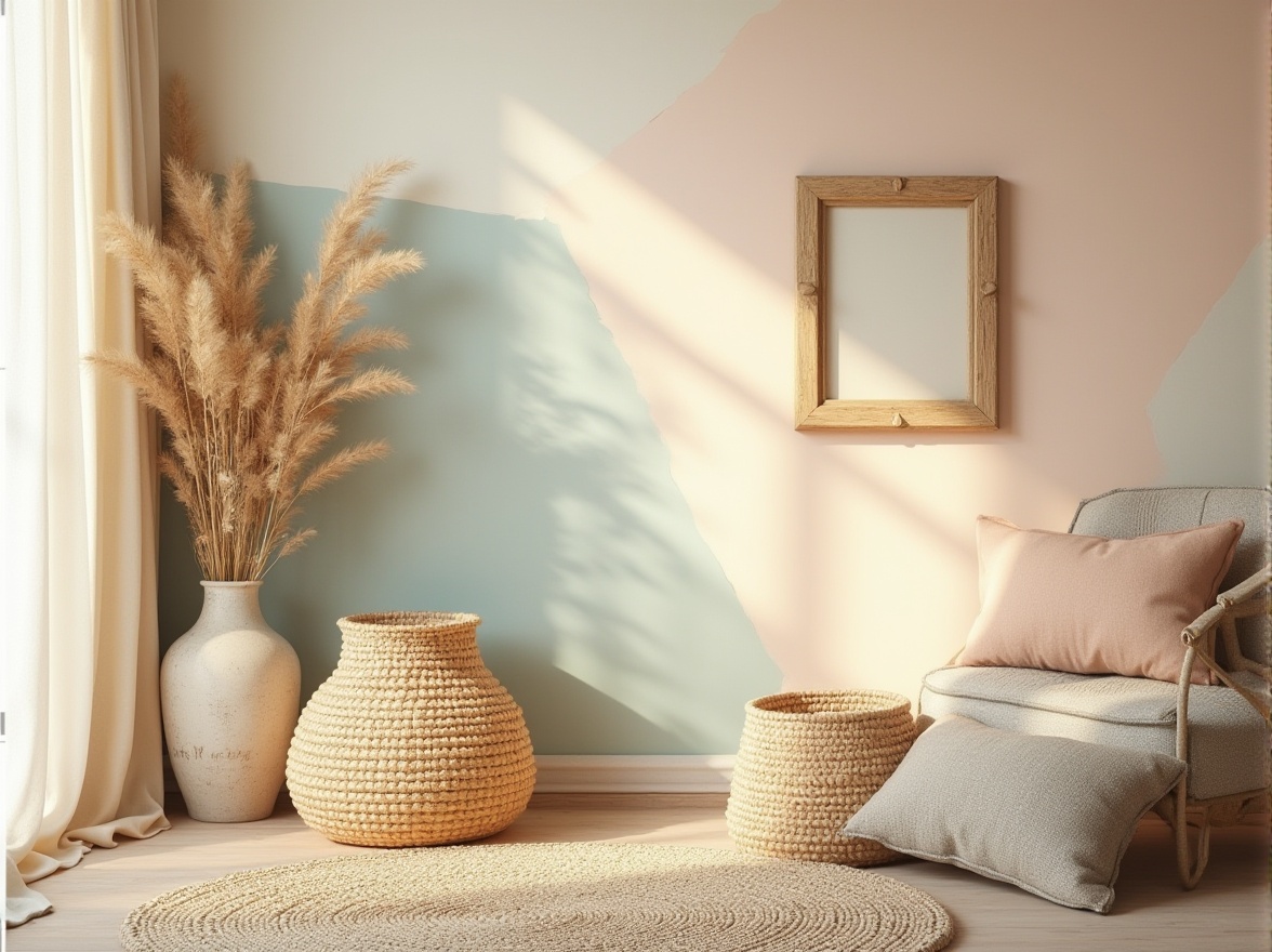 Prompt: Pastel colors, soft gradient, warm beige, creamy whites, gentle peach, soothing blues, muted greens, earthy tones, natural materials, woven baskets, vintage rugs, distressed wood, ornate metal frames, elegant typography, subtle textures, 3/4 composition, soft focus, warm lighting, cozy atmosphere, intimate setting, minimalist decor.