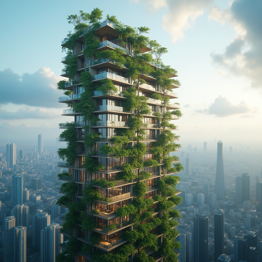 Prompt: Eco-friendly skyscraper, sustainable design, green roof, solar panels, wind turbines, vertical garden, living walls, natural ventilation, recycled materials, minimalist interior, wooden accents, energy-efficient lighting, panoramic city view, bird's eye perspective, dramatic clouds, blue sky, morning light, 3/4 composition, cinematic atmosphere.