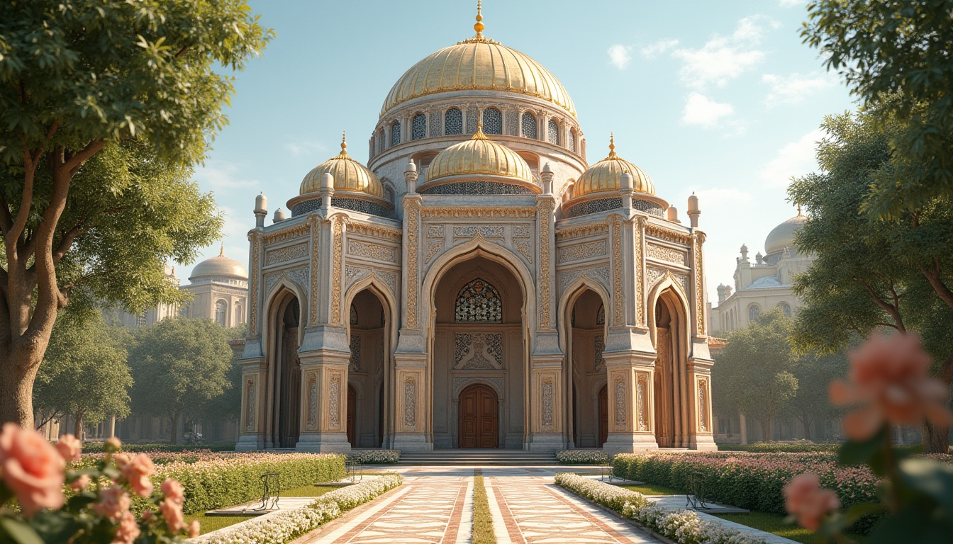 Prompt: Byzantine style tower, innovative facade design, ornate stone carvings, golden accents, intricate mosaics, arched windows, grand dome top, detailed ornamental columns, luxurious velvet drapes, majestic entrance gates, surrounding lush greenery, blooming flowers, sunny day, soft warm light, 3/4 composition, cinematic depth of field.