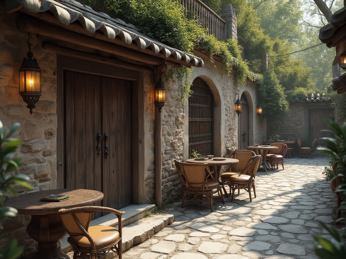 Prompt: Rustic stone walls, ancient wooden doors, woven bamboo fences, vintage metal lanterns, distressed leather armchairs, intricately carved wooden tables, rough-hewn rock formations, moss-covered tree trunks, aged brick buildings, ornate iron gates, weathered concrete sidewalks, faded ceramic tiles.