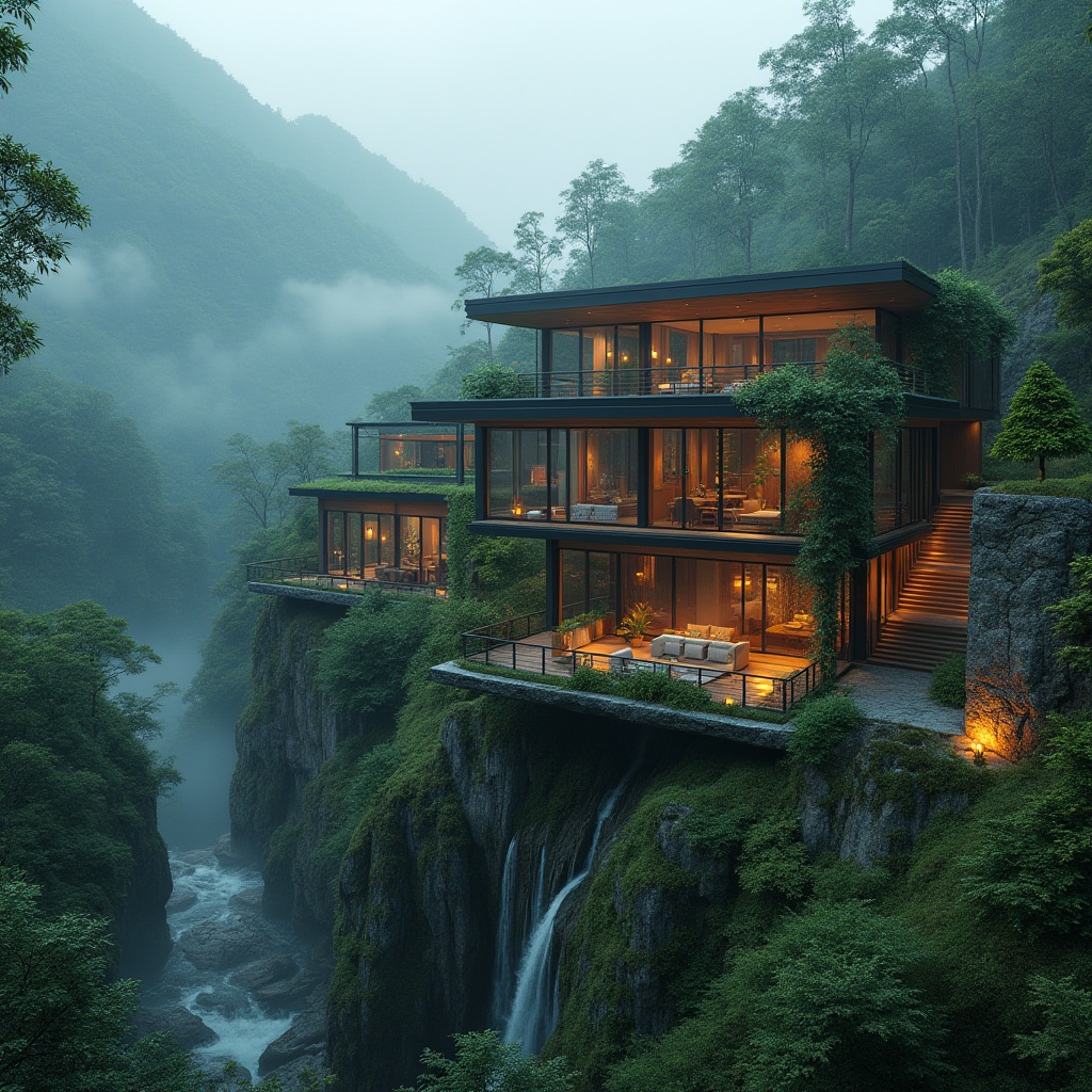 Prompt: Mountainous landscape, modern villa, glass walls, steel frames, green roofs, waterfall, misty atmosphere, surrounding lush forest, tall trees, vines crawling up walls, wooden decks, outdoor furniture, lanterns, warm lighting, cozy ambiance, 3/4 composition, panoramic view, cinematic mood, soft focus, depth of field, natural textures, earthy tones.