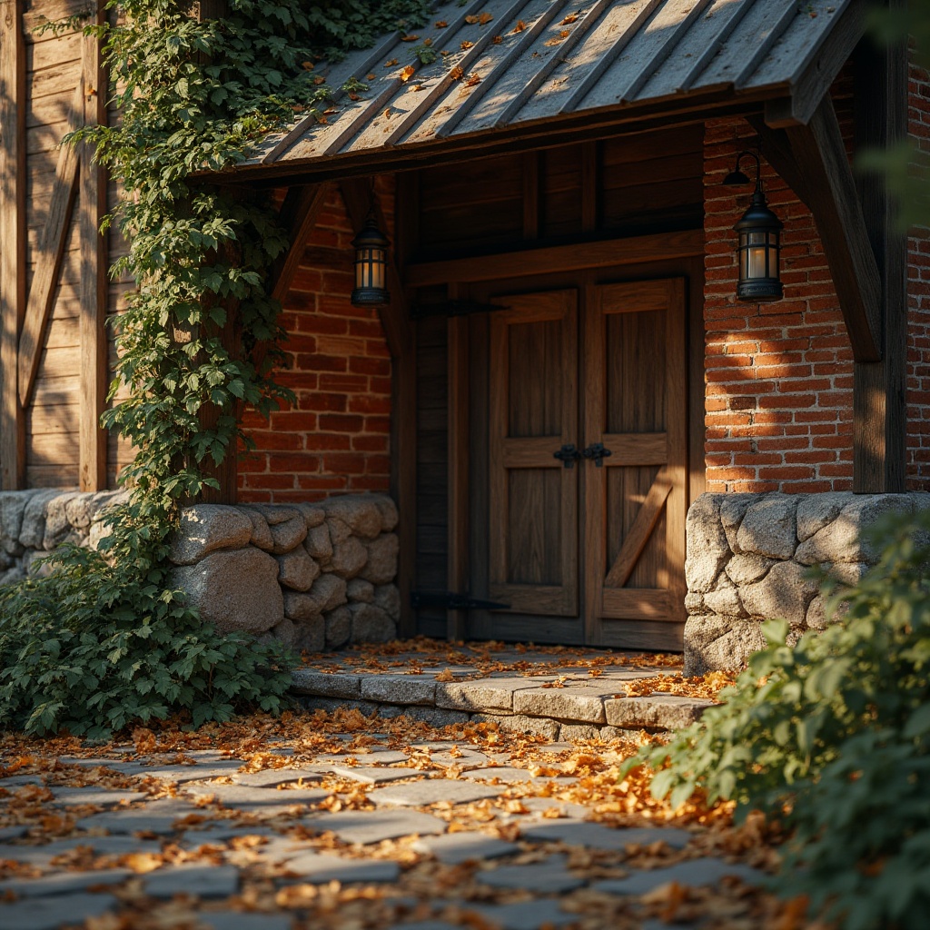 Prompt: Rustic barn, academic style architecture, wooden structure, stone foundation, brick walls, corrugated metal roof, greenery climbing up walls, wooden door with iron hinges, lanterns hanging from ceiling, stone pathway leading to entrance, autumn leaves scattered around, warm afternoon sunlight casting long shadows, soft focus, natural lighting, cinematic composition, 3/4 view angle.