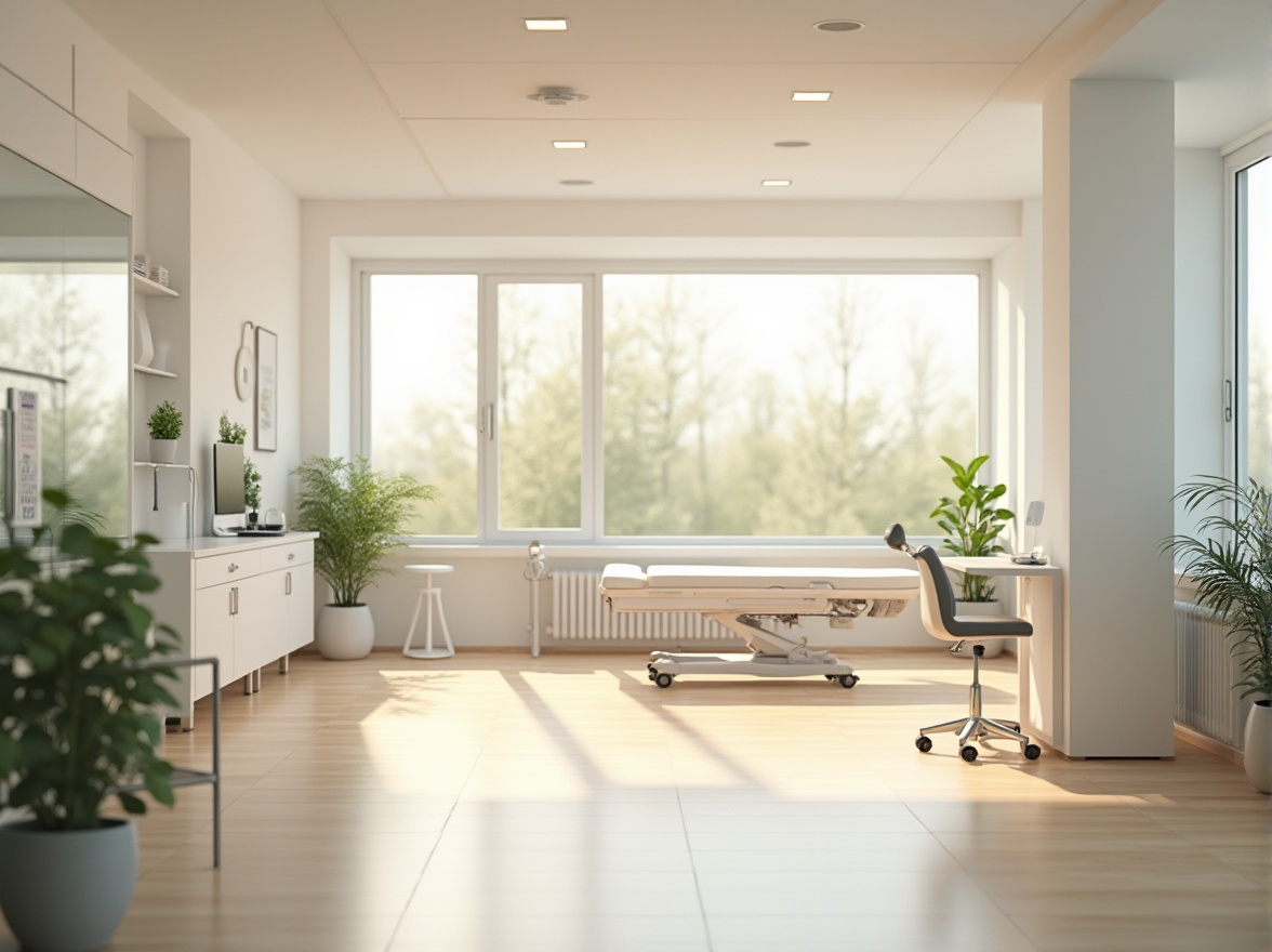 Prompt: Modern clinic interior, natural lighting, large windows, minimal obstacles, white walls, light wood flooring, simple furniture, green plants, doctor's desk, examination bed, medical equipment, warm color tone, soft shadows, afternoon sun, diffused light, 3/4 composition, depth of field, realistic rendering, ambient Occlusion.