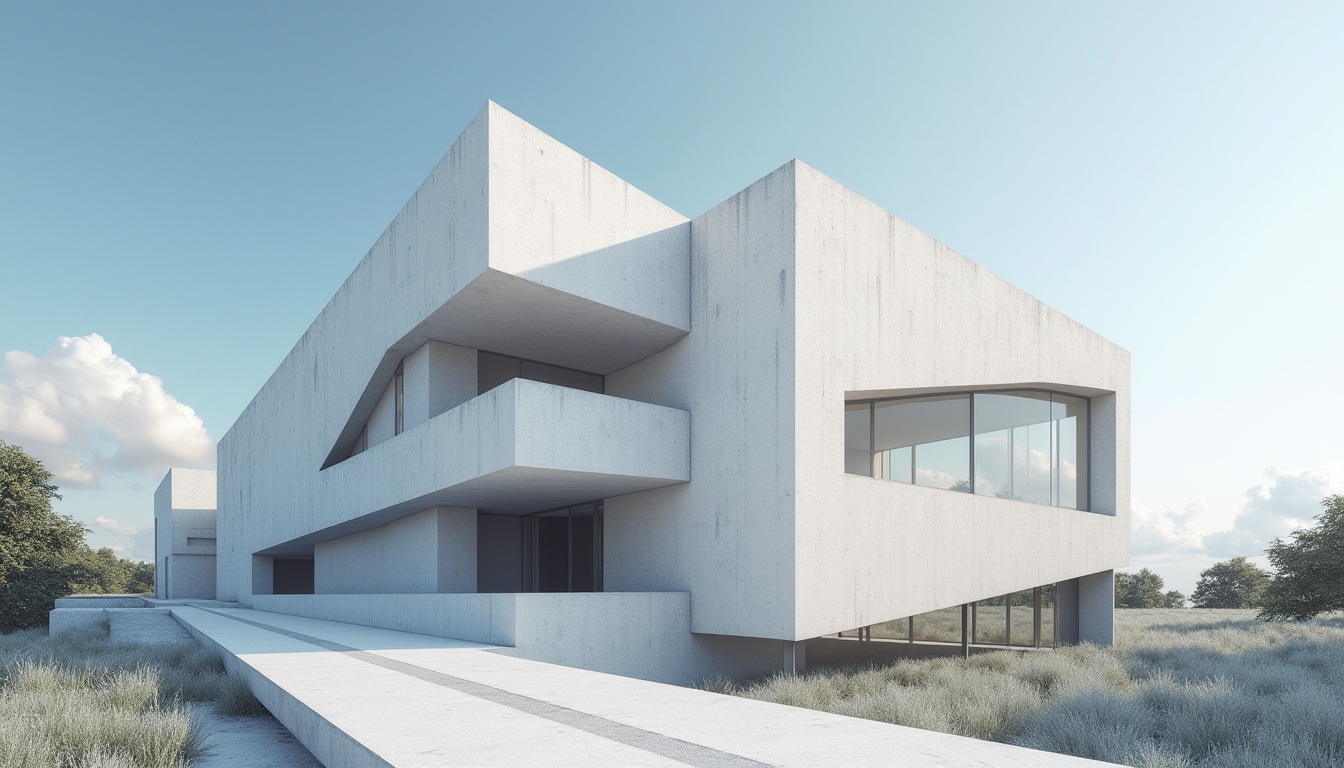 Prompt: Fiber-cement building, modern architecture, urban landscape, cityscape, sleek lines, minimalist design, white fiber-cement façade, large windows, angular shapes, industrial texture, concrete-like appearance, subtle pattern, natural light reflection, 3/4 composition, low-angle shot, dramatic shadows, clear blue sky, fluffy white clouds.