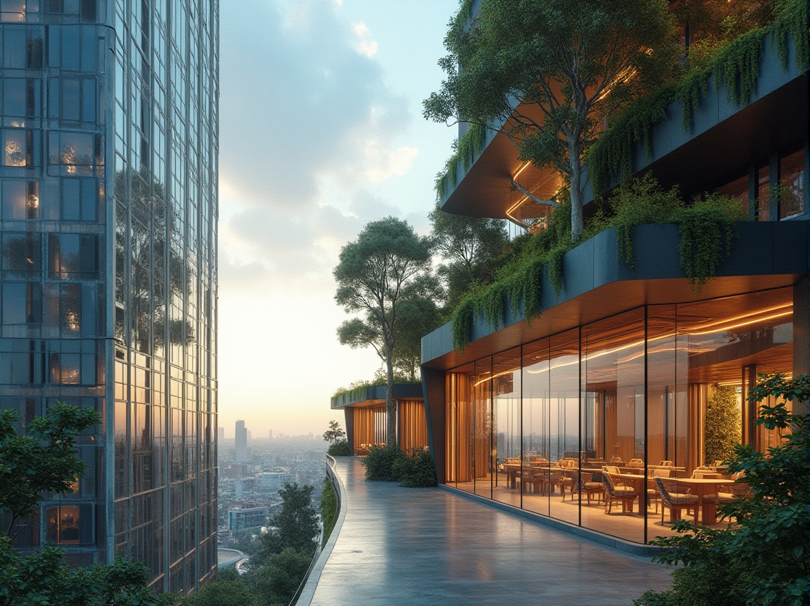 Prompt: Futuristic skyscraper, sustainable materials, eco-friendly, glass façade, solar panels, green roof, vertical garden, recycled metal beams, LED lighting, minimalist interior, wooden accents, futuristic chairs, plants, trees, cityscape, panoramic view, low-angle shot, dramatic lighting, cinematic composition.