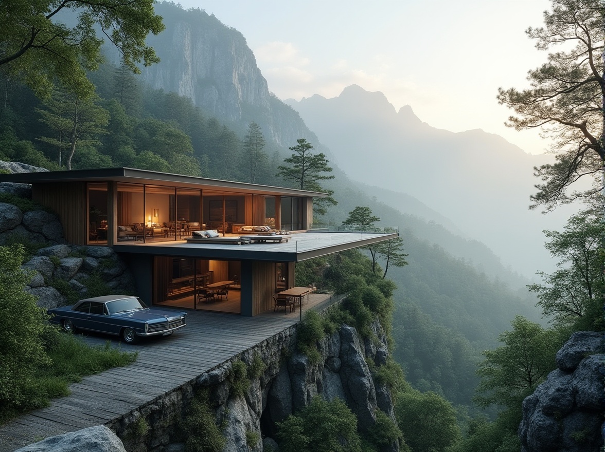 Prompt: Mountainous landscape, luxurious modern villa, cantilevered roofs, floor-to-ceiling windows, minimalist interior design, sleek lines, harmonious blend of architecture and nature, lush greenery, overhanging trees, natural stone walls, wooden accents, panoramic view, 3/4 composition, soft warm lighting, misty atmosphere, serene ambiance, cinematic mood.