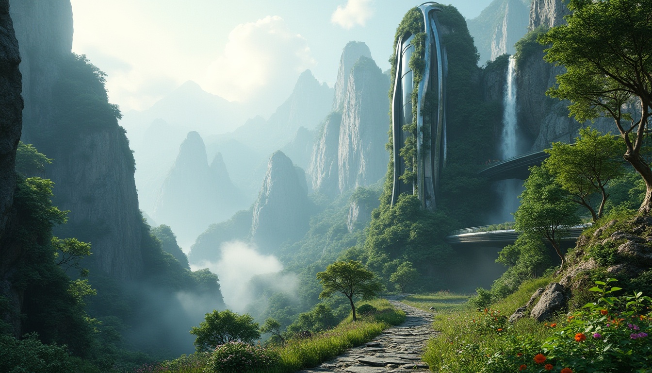 Prompt: Mountainous landscape, futuristic skyscraper, harmonious integration, blending architecture with nature, lush greenery, vines crawling up the building's facade, curved lines, sleek modern design, floor-to-ceiling windows, panoramic view, misty atmosphere, fog rolling in, majestic waterfall cascading down a rocky cliffside, overhanging trees, blooming wildflowers, meandering stone path, natural rock formations, ambient soft light, cinematic composition, 3/4 view angle.