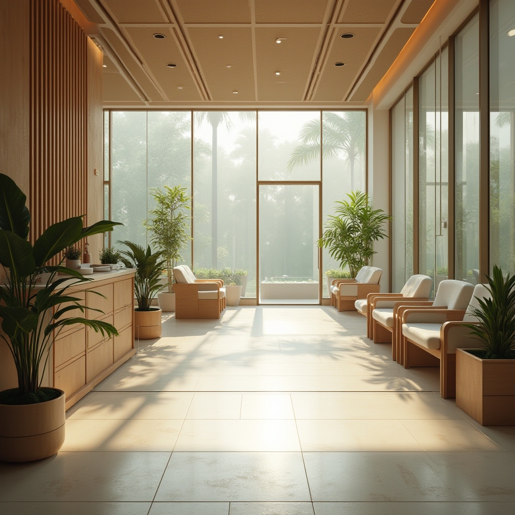 Prompt: Modern clinic interior, natural lighting emphasized, large windows, translucent glass walls, minimal obstruction, open floor plan, wooden accents, sleek lines, minimalist decor, soft beige color palette, comfortable waiting area, lush green plants, subtle textures, warm atmosphere, morning sunlight streaming in, gentle shadows, 3/4 composition, shallow depth of field, natural color tone, filmic ambiance.