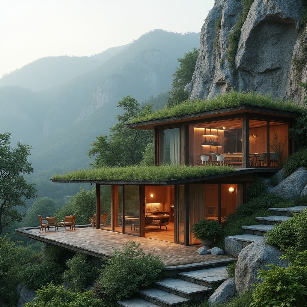 Prompt: Mountainous background, modern villa, green roof, wooden deck, floor-to-ceiling windows, sliding glass doors, open-plan living room, minimalist interior design, natural stone walls, lush greenery, overhanging eaves, rustic wooden beams, curved lines, soft warm lighting, 3/4 composition, shallow depth of field, cinematic ambiance, misty morning atmosphere.