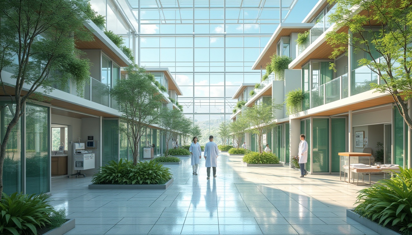 Prompt: Sustainable hospital, modern architecture, large glass windows, steel frames, green roof, solar panels, wind turbines, recycling bins, medical equipment, doctor, nurse, patient, natural light, airy atmosphere, minimal waste, eco-friendly materials, bamboo flooring, low-VOC paints, recycled plastic furniture, living walls, green spaces, calming ambiance, soft lighting, panoramic view.