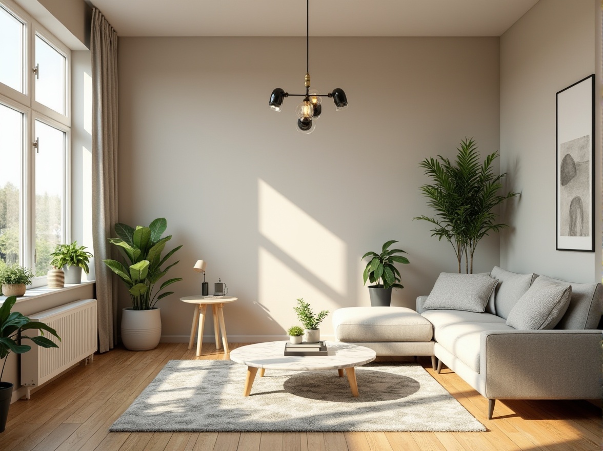 Prompt: Modern living room, spacious, minimalist, bright natural light, floor-to-ceiling windows, wooden flooring, beige walls, comfortable grey sofa, marble coffee table, greenery, potted plants, industrial chic pendant lamp, abstract art pieces, Scandinavian design elements, 3/4 composition, warm ambient lighting, morning sunlight.