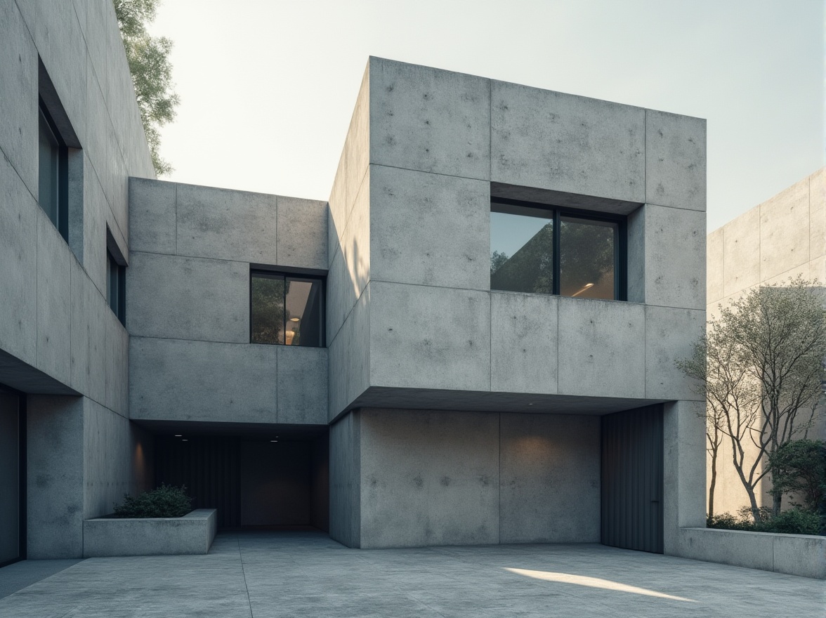 Prompt: Modern architectural building, concrete finishes, brutalist design, urban cityscape, gray tone, rough texture, geometric shape, clean lines, minimalist aesthetic, natural light, dramatic shadows, 3/4 composition, low-angle shot, atmospheric perspective, cinematic mood, high-contrast lighting.