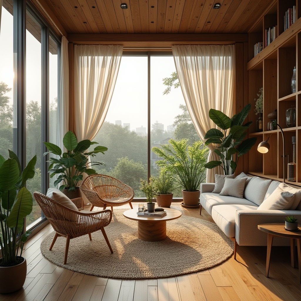 Prompt: Natural materials, embracing sustainability in design, modern minimalist interior, living room, wooden walls, reclaimed wood flooring, rattan furniture, wicker chairs, linen upholstery, jute rug, potted plants, greenery, natural light, floor-to-ceiling windows, panoramic view, urban jungle, cityscape, morning sun, soft warm lighting.