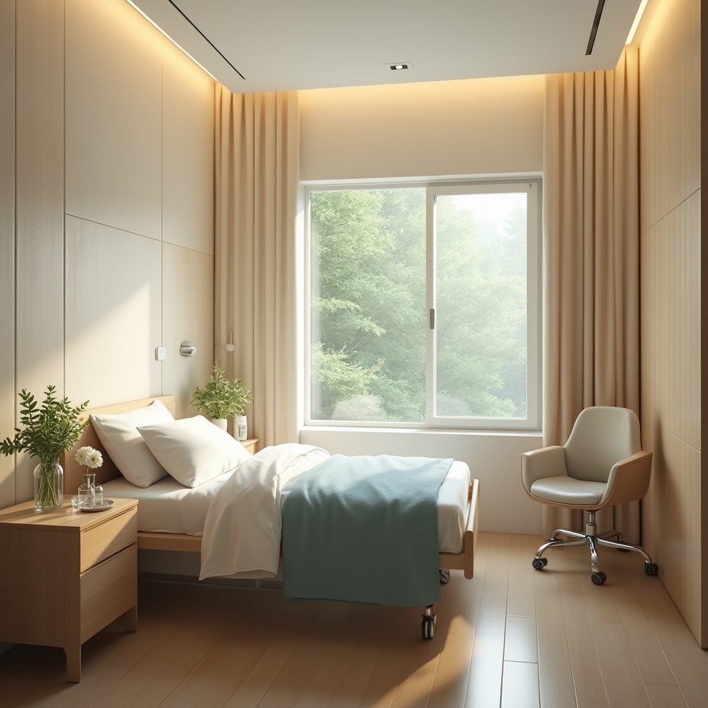 Prompt: Modern hospital room, patient comfort, calming atmosphere, gentle LED lighting, cream-colored walls, wooden floor, comfortable single bed, soft white pillows, gentle blue blanket, bedside table with water glass, vase with fresh flowers, window with greenery view, natural sunlight, peaceful forest background, warm beige curtains, ergonomic chair for visitor, subtle wood grain texture, serene ambiance, shallow depth of field, realistic rendering, soft focus.