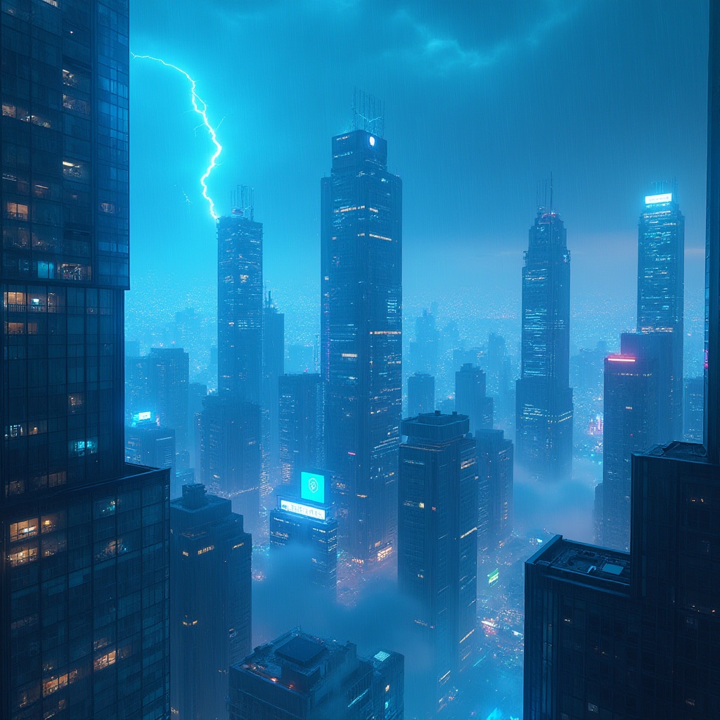 Prompt: Azure-inspired art piece, futuristic cityscape, neon-lit skyscrapers, sleek metallic structures, iridescent glass windows, soft glow of holographic advertisements, misty fog rolling over the rooftops, vibrant azure hues dominating the color palette, cool-toned shadows, sharp angular lines, abstract geometric shapes, dynamic composition, cinematic lighting, atmospheric depth of field, cyberpunk atmosphere, rainy night, distant thunderstorm, dramatic clouds.