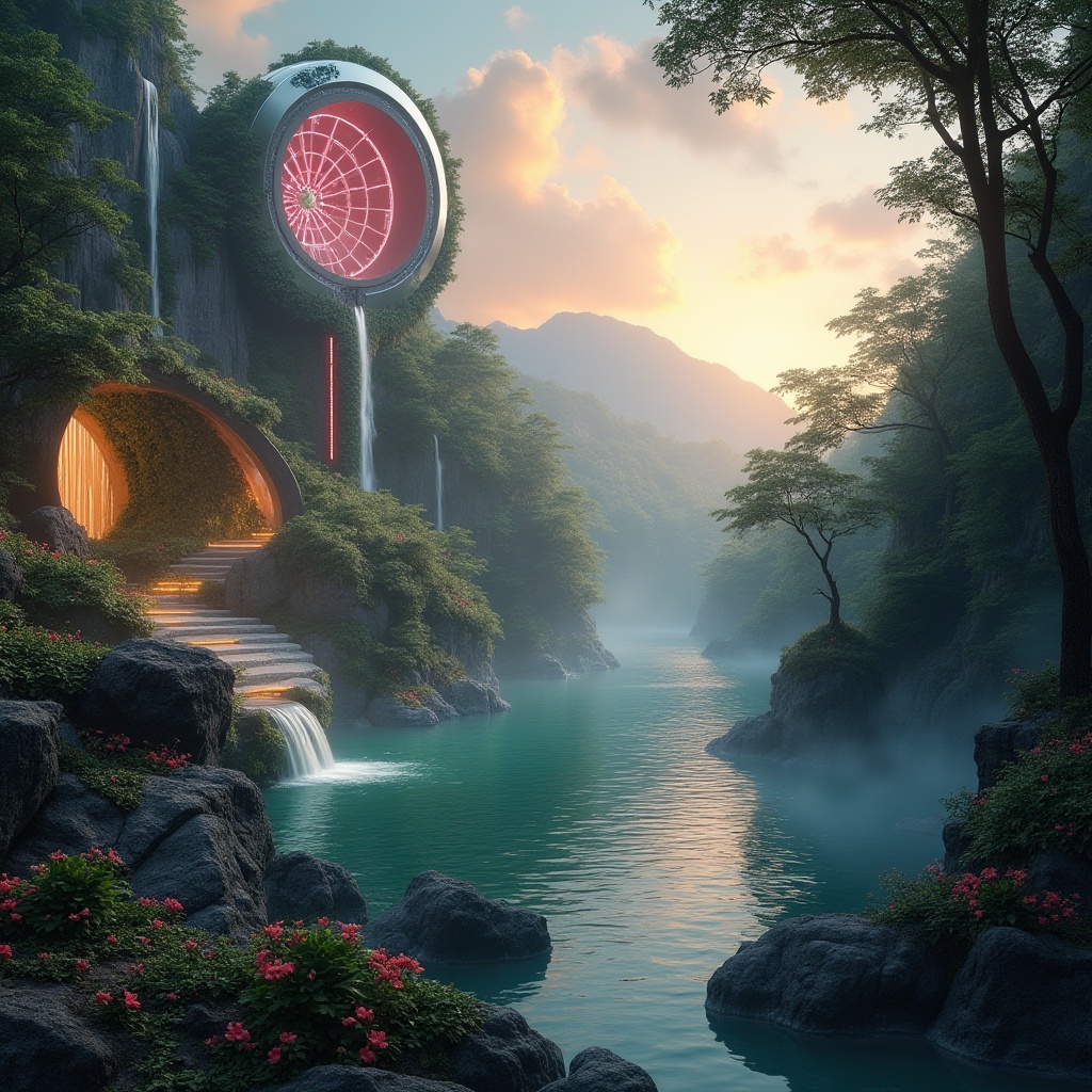 Prompt: Surreal landscape integration, blending with nature, futuristic architecture, curved lines, glossy surface, neon lights, misty atmosphere, dense forest, towering trees, vines crawling up walls, flowerbeds, sparkling waterfalls, serene lake, mountain range in the distance, dramatic skies, warm sunset lighting, 3/4 composition, shallow depth of field, cinematic ambiance, vibrant colors.