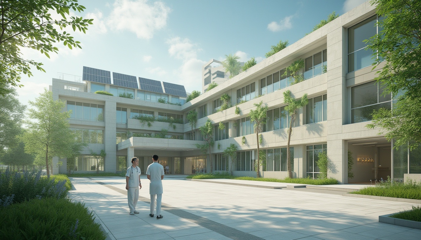 Prompt: Modern hospital building, sustainable architecture, eco-friendly materials, natural lighting, large windows, green walls, solar panels on roof, steel frame structure, recyclable materials, bamboo flooring, low-VOC paint, energy-efficient equipment, nurse in white uniform, doctor with stethoscope, medical equipment in background, 3/4 composition, soft natural light, ambient atmosphere, calm tone, realistic rendering.