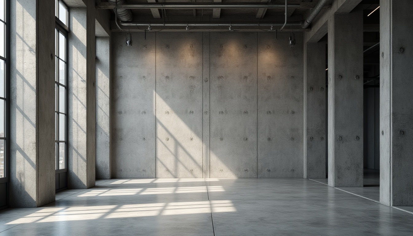 Prompt: Industrial style interior, modern concrete wall finish, rough texture, urban atmosphere, minimalist decor, sleek lines, geometric shapes, monochromatic color scheme, spotlights casting dramatic shadows, low-angle shot, bold composition, architectural photography, brutalist architecture, industrial chic, raw concrete columns, polished concrete floor, metal accents, functional minimalism, urban loft.