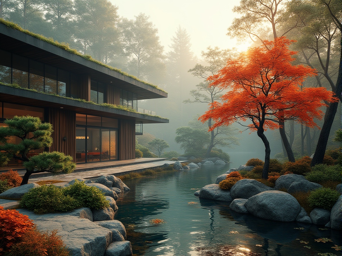 Prompt: Landscape integration, blending architecture with nature, modern villa, green roof, glass walls, wooden accents, lush forest, misty morning, soft sunlight filtering through trees, gentle breeze rustling leaves, stone pathway, natural stone wall, water features, koi pond, Japanese maple tree, autumn colors, warm lighting, cinematic composition, atmospheric perspective.