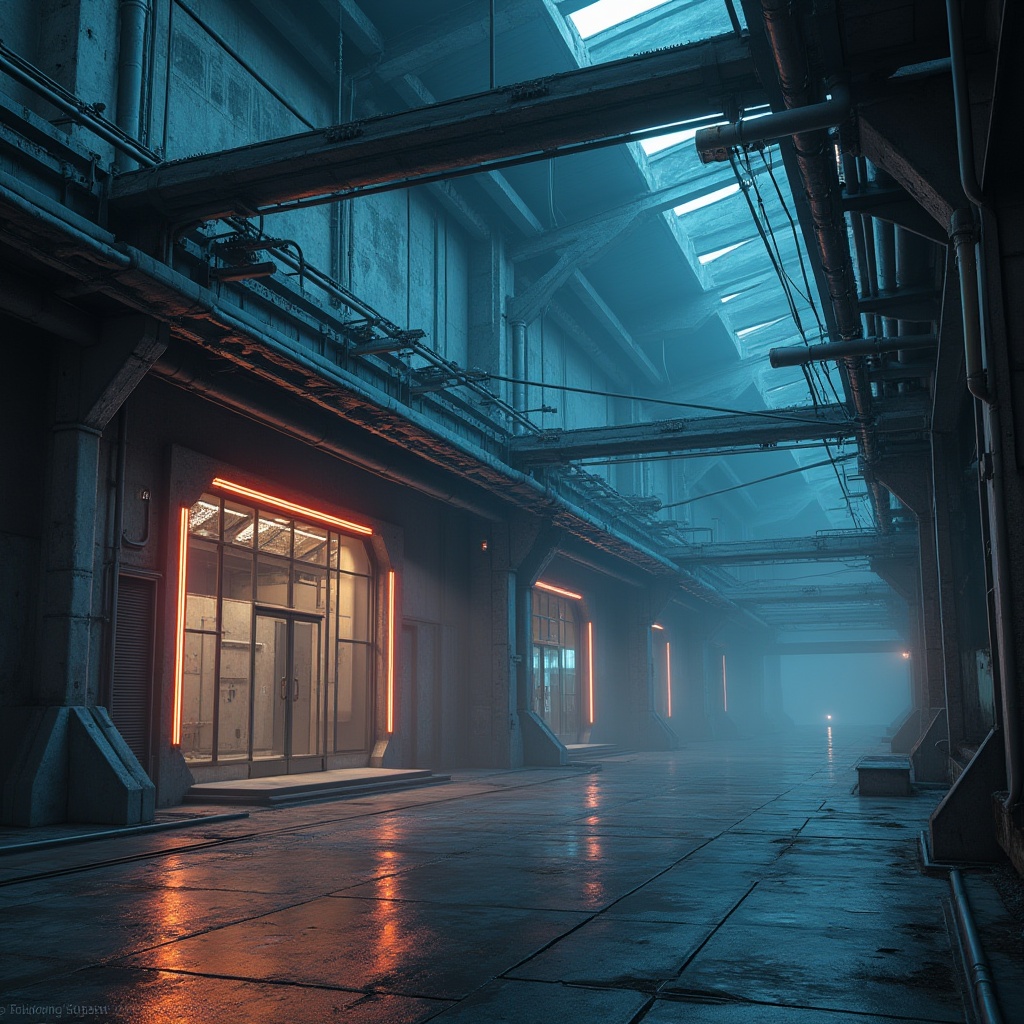 Prompt: Futuristic warehouse, innovative facade design, neon lights, metallic structure, industrial pipes, concrete walls, glass windows, steel beams, cyberpunk atmosphere, abandoned area, misty fog, dim lighting, 3/4 composition, low-angle shot, dramatic shadows, HDR, atmospheric perspective.