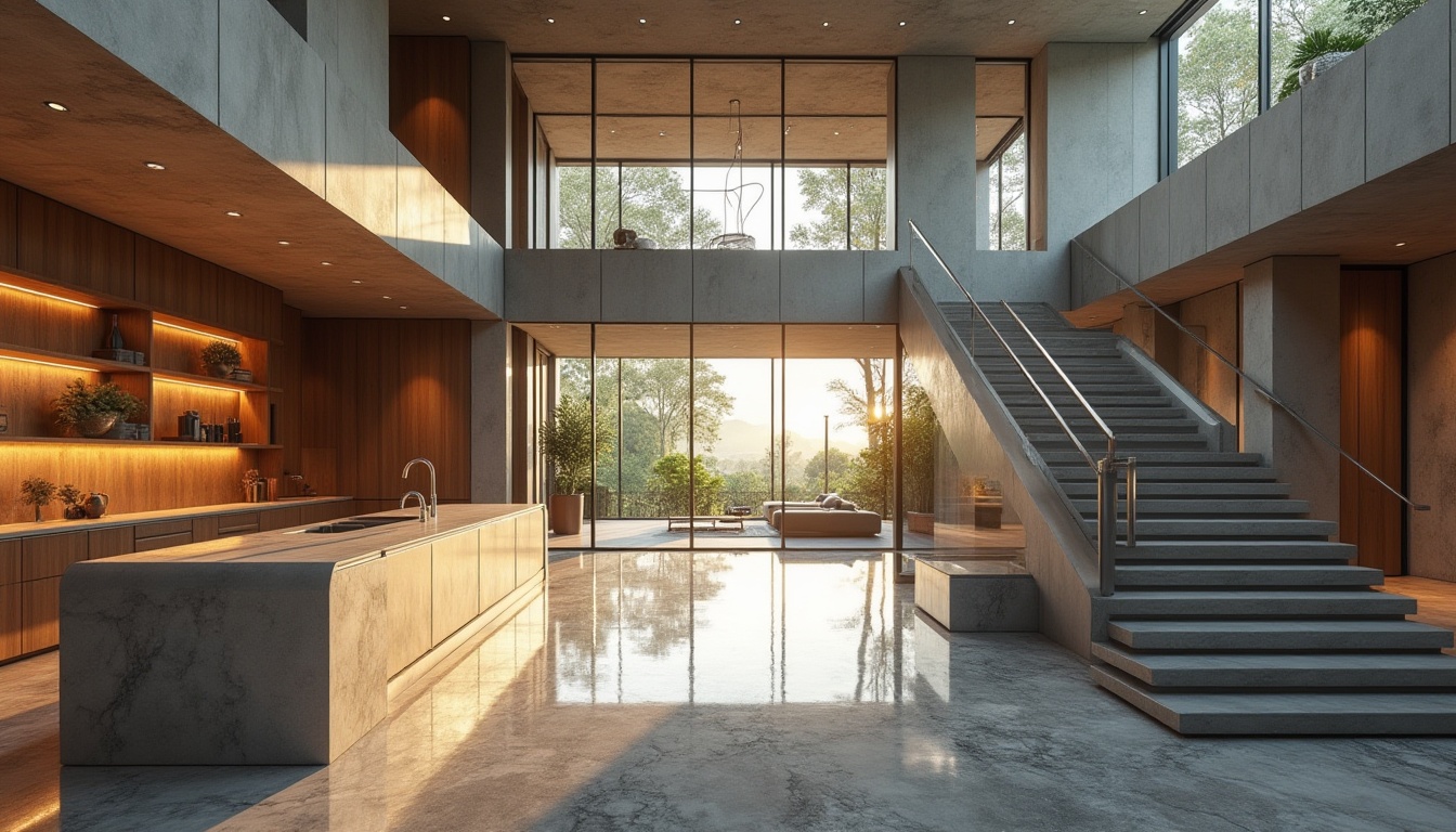 Prompt: Modern architecture, grand villa, concrete walls, steel beams, wooden floors, marble countertops, glass windows, metallic staircase, luxurious interior design, detailed material texture, reflective surfaces, ambient lighting, soft shadows, 3/4 composition, cinematic atmosphere, morning light, warm color tone.