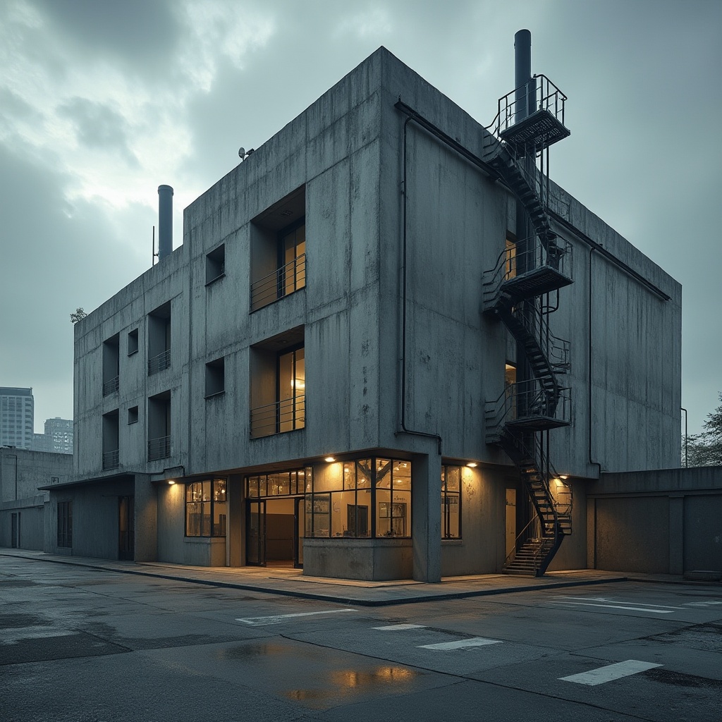 Prompt: Industrial chic factory building, modern innovative facade design, brutalist architecture, concrete walls, steel beams, large industrial windows, metal staircase, minimalist decor, urban cityscape, cloudy sky, dramatic lighting, low-angle shot, cinematic composition, high contrast, gritty texture.