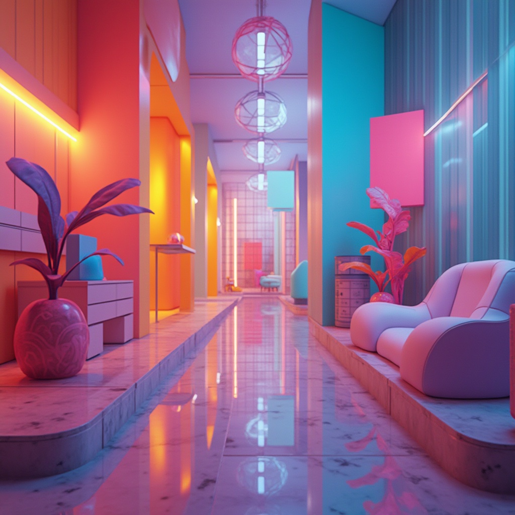 Prompt: Vibrant design, colorful palette, modern aesthetic, abstract shapes, gradient background, neon lights, futuristic feel, sleek lines, minimalist composition, bold typography, pastel colors, monochromatic scheme, contrasting accents, warm and cool tones, 3D visual elements, intricate patterns, depth of field, ambient lighting, cinematic mood.