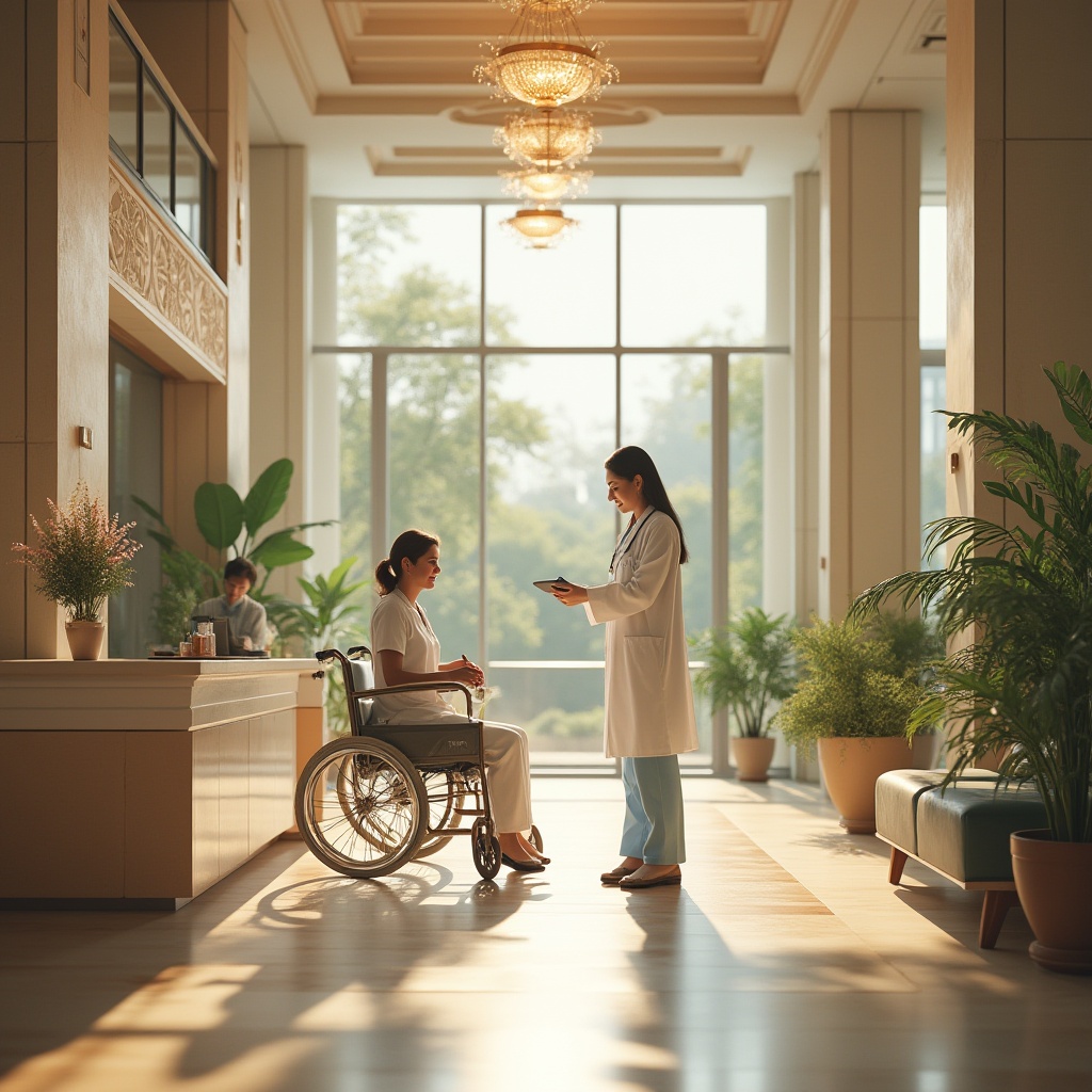 Prompt: Modern hospital building, grand entrance, ornate columns, intricate stonework, large glass windows, lush greenery, natural light pouring in, nurses station, reception desk, comfortable waiting area, warm beige walls, polished wooden floors, elegant chandeliers, subtle medical equipment integration, soft pastel color scheme, calming atmosphere, corner sofa, side table, potted plants, doctor in white coat, stethoscope around neck, gentle smile, helping patient, wheelchair nearby, natural fabrics, wooden accents, minimal ornamentation, softbox lighting, warm beige tones, serene ambiance.