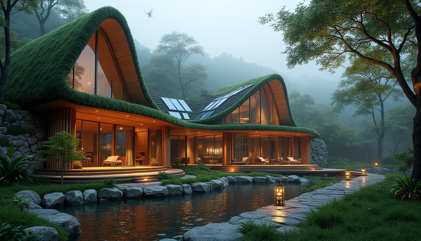 Prompt: Modern villa, harmonious blend of architecture and nature, curved lines, large windows, green roof, solar panels, wooden decks, lush greenery, overhanging trees, natural stone walls, waterfall feature, koi pond, walking path, lanterns, warm lighting, misty morning, serene atmosphere, 3/4 composition, depth of field, cinematic mood.