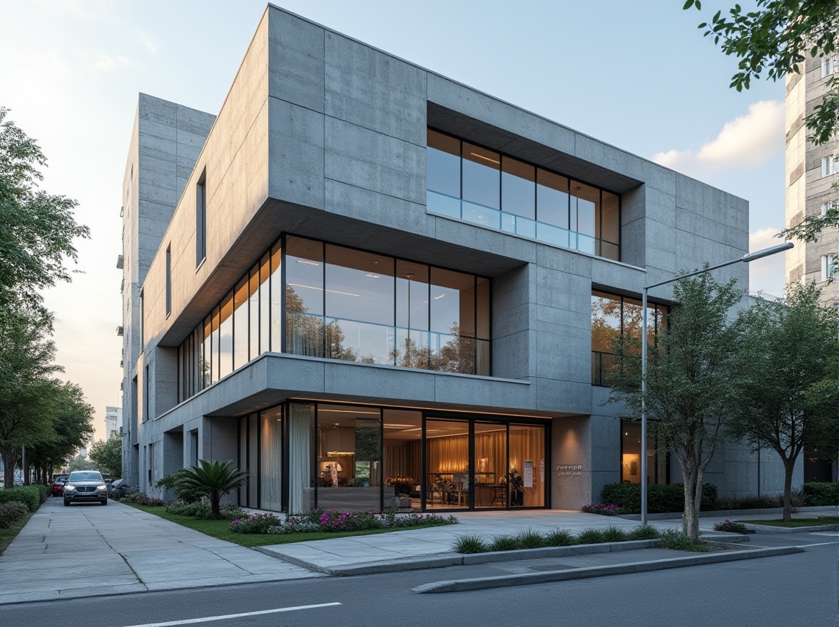 Prompt: Modern, innovative facade design, Bauhaus style clinic, geometric shapes, clean lines, minimal ornamentation, large glass windows, steel frames, concrete walls, industrial chic, urban setting, cityscape background, sunny day, soft natural light, shallow depth of field, 3/4 composition, symmetrical architecture, rectangular forms, functional simplicity, bold typography, clinic signage, entrance with automatic sliding doors, wheelchair accessibility ramp, surrounding trees, greenery, modern streetlights, asphalt pavement.