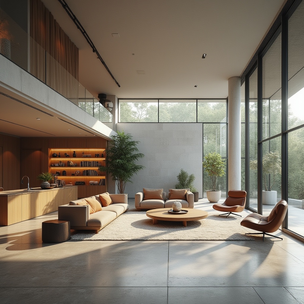 Prompt: Modern minimalist interior, spacious open-plan living area, sleek low-profile furniture, floor-to-ceiling windows, abundant natural light, polished concrete flooring, subtle texture contrast, built-in shelves, geometric lines, functional layout, flowing curves, harmonious color palette, warm ambient lighting, 3/4 composition, shallow depth of field, soft focus background.