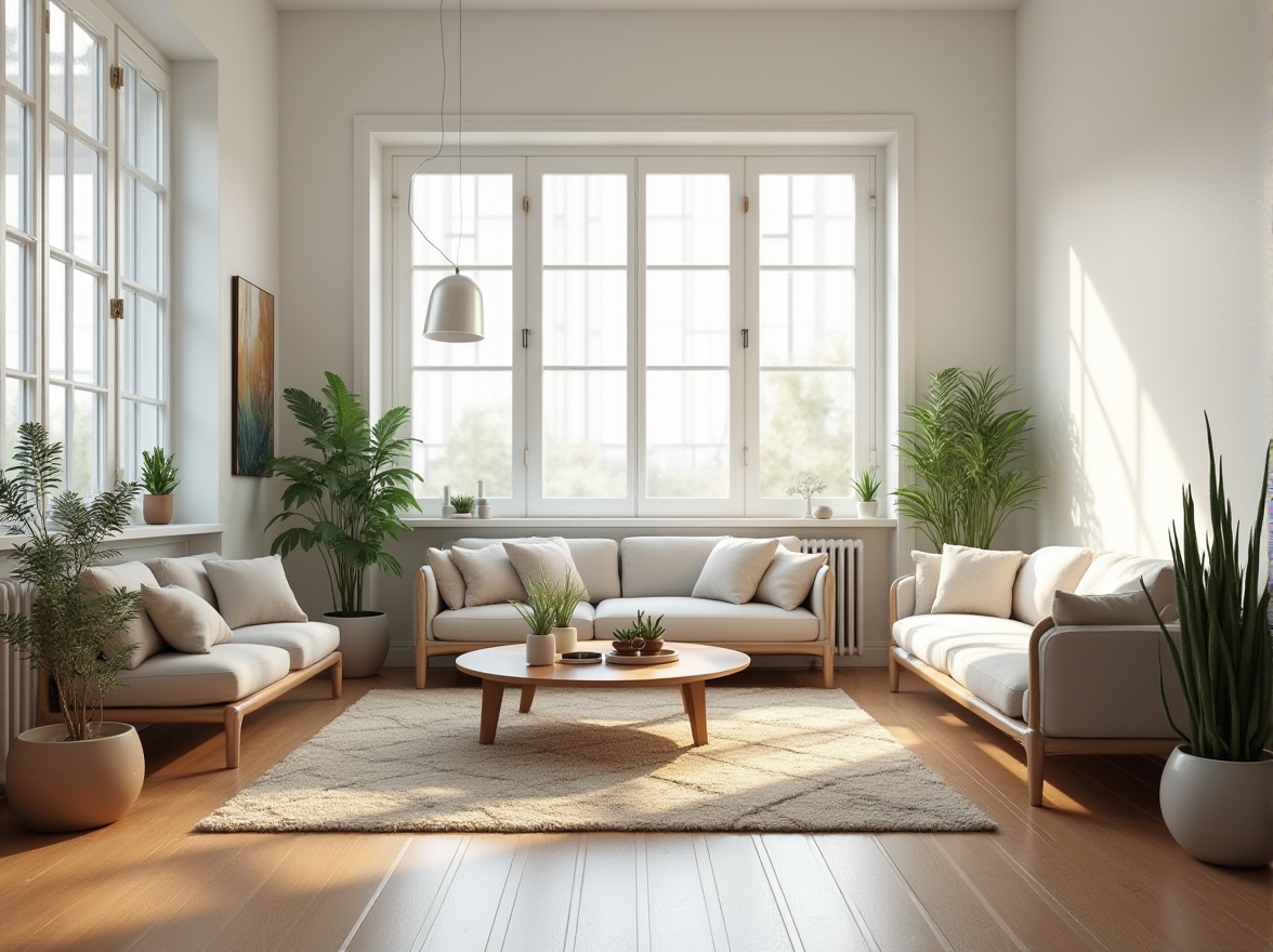 Prompt: Modern interior, functional layout, minimalism, wooden floor, white walls, large windows, natural light, Scandinavian style, cozy atmosphere, comfortable sofas, minimalist coffee table, potted plants, geometric rug, soft cushions, ambient lighting, 3/4 composition, wide-angle shot, warm colors.