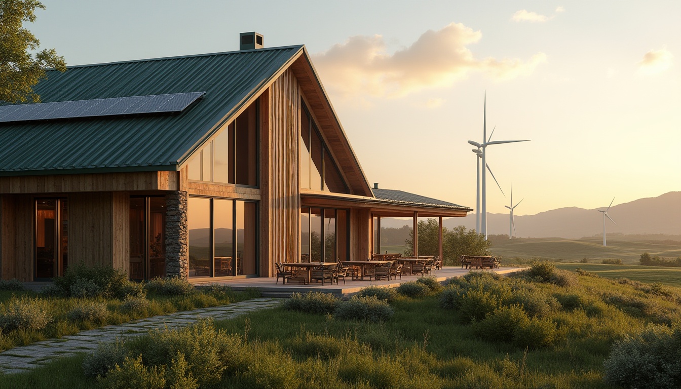 Prompt: Innovative facade design, barn academic style, modern rustic exterior, wooden panels, steel frames, large glass windows, sliding doors, green roof, lush vegetation, solar panels, wind turbines, rural landscape, rolling hills, sunset time, warm soft lighting, 3/4 composition, cinematic atmosphere, detailed textures, realistic materials, ambient occlusion.